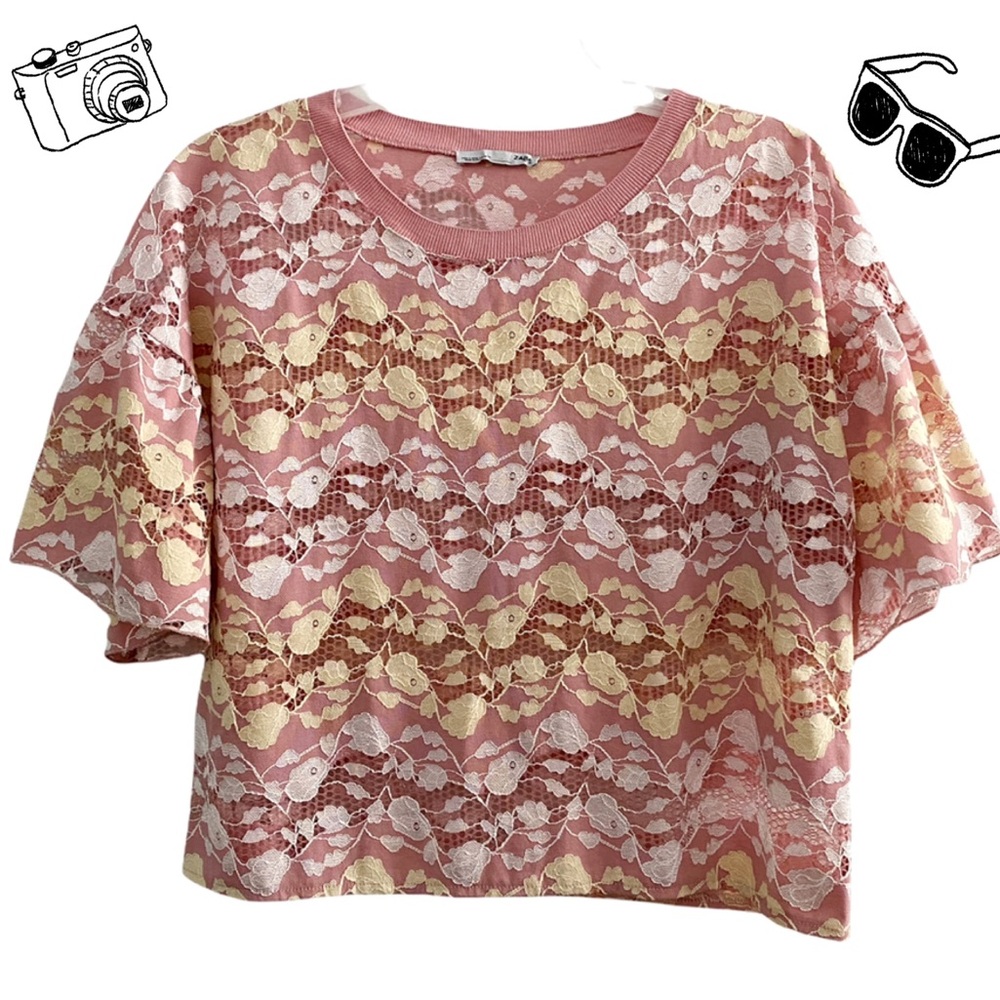 Zara spring floral netted cutout top, pink yellow white